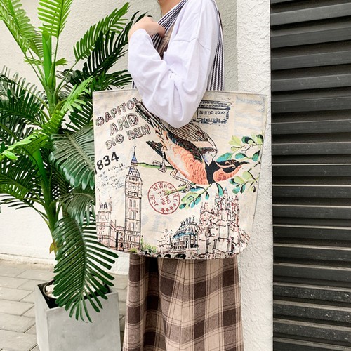 CAPITOL & Magpie Vintage Style Canvas Hand Large Chain Shoulder Tote Bag - Picture 5 of 13