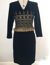 ZANDRA RHODES BLACK VELVET & GOLD EMBROIDERED COUTURE DRESS - MADE BY HAND