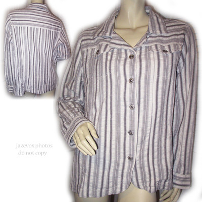 Denim 24/7 Long Sleeve Button Up Shirt White Striped Top Preppy Western Country