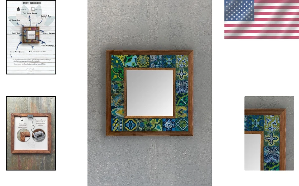 Elegante espejo de mosaico con marco de madera 33x33 cm con azulejos de travertino - Decoración única Foto 2 de 4