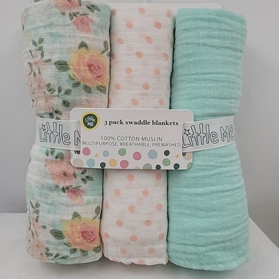 Little Me 3 Pack Swaddling Blankets  100% Cotton Muslin Pink Roses Polka Dot 