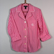 Lauren Ralph Lauren Pajama Top Women's Small Pink Stripes Cotton Monogram