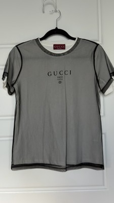 Gucci Gray/Black Sheer Mesh Logo T-Shirt Short Sleeve Crew Neck Pullover