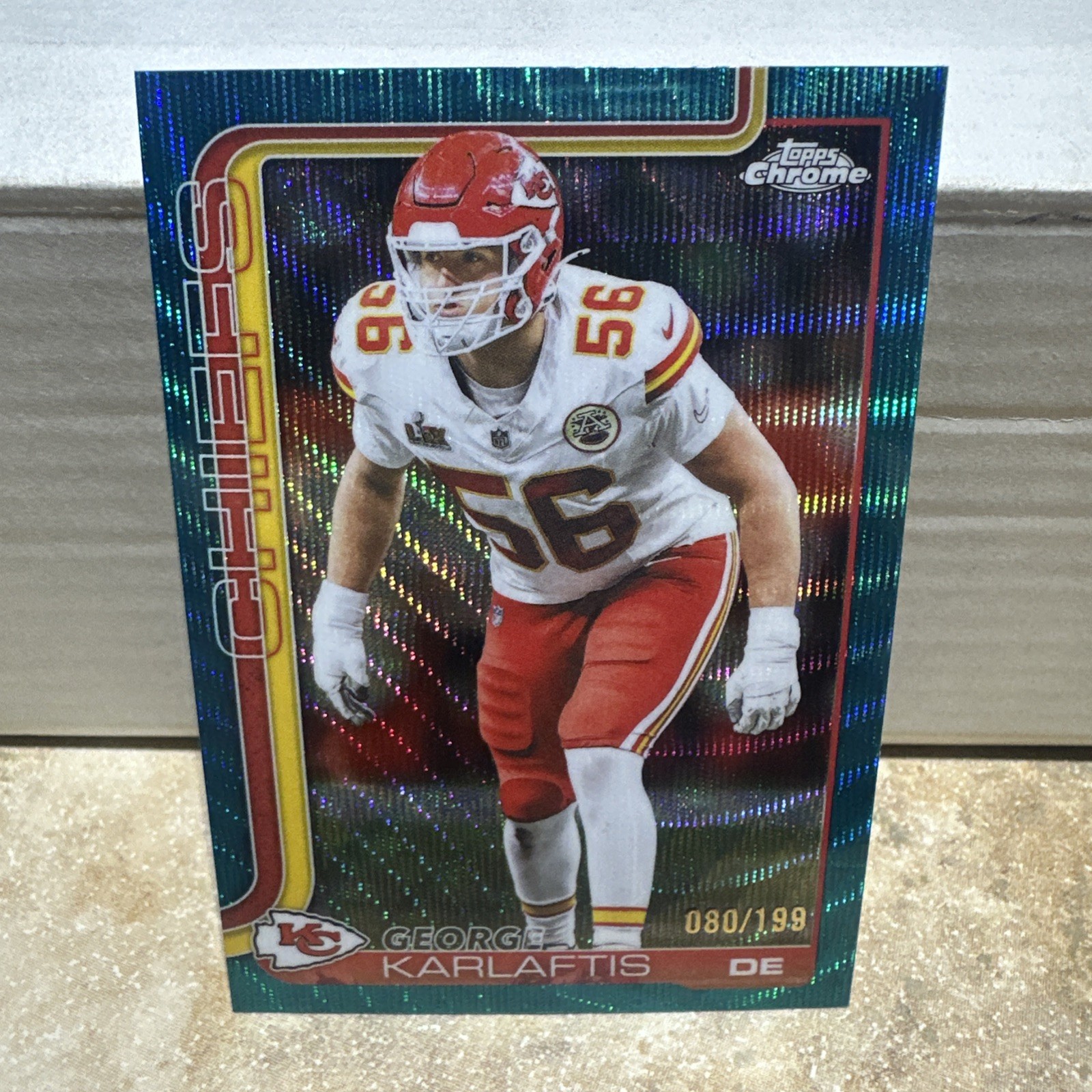 2025 Topps Chrome George Karlaftis Aqua Wave Refractor #/199 Kansas City Chiefs