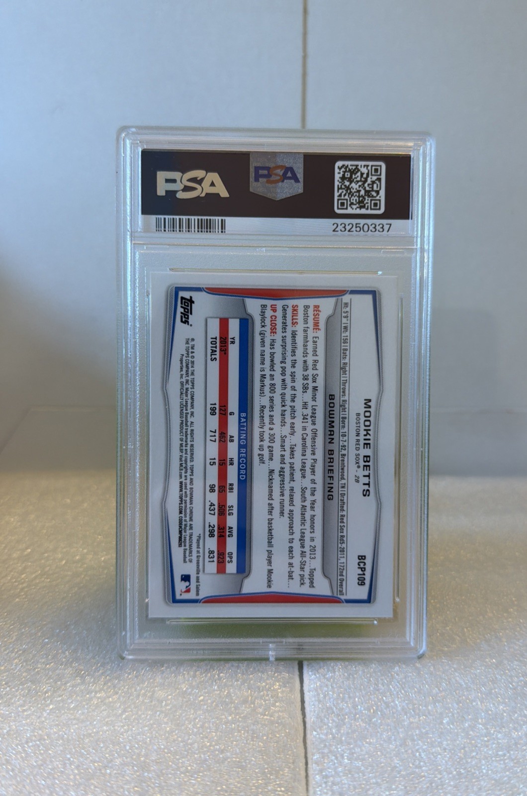 2014 Bowman 1st Chrome Prospects #BCP109 MOOKIE BETTS PSA 10 RC Red Sox view 3