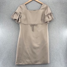 Tahari Dress Womens 12P Taupe Satin Square Neck Empire Waist Short Bell Sleeves