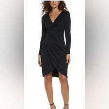 NWT Jessica Howard Womens Black Glitter Knit V-Neck Long Sleeve Dress Size 14