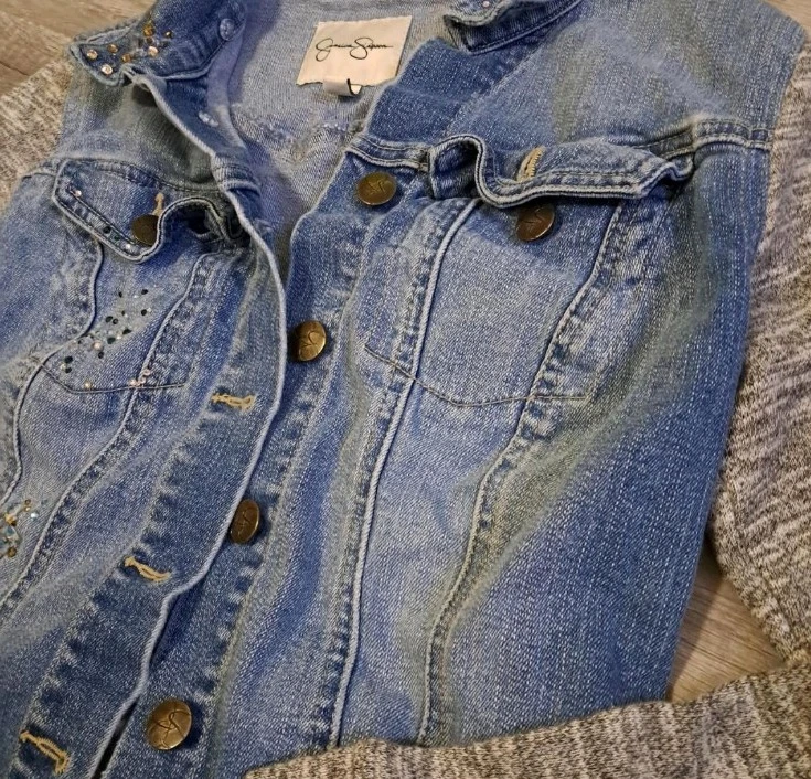 Chaqueta Jean Jessica Simpson Mujer S Pixie Lavado Medio Clásico Denim Western Foto 3 de 4