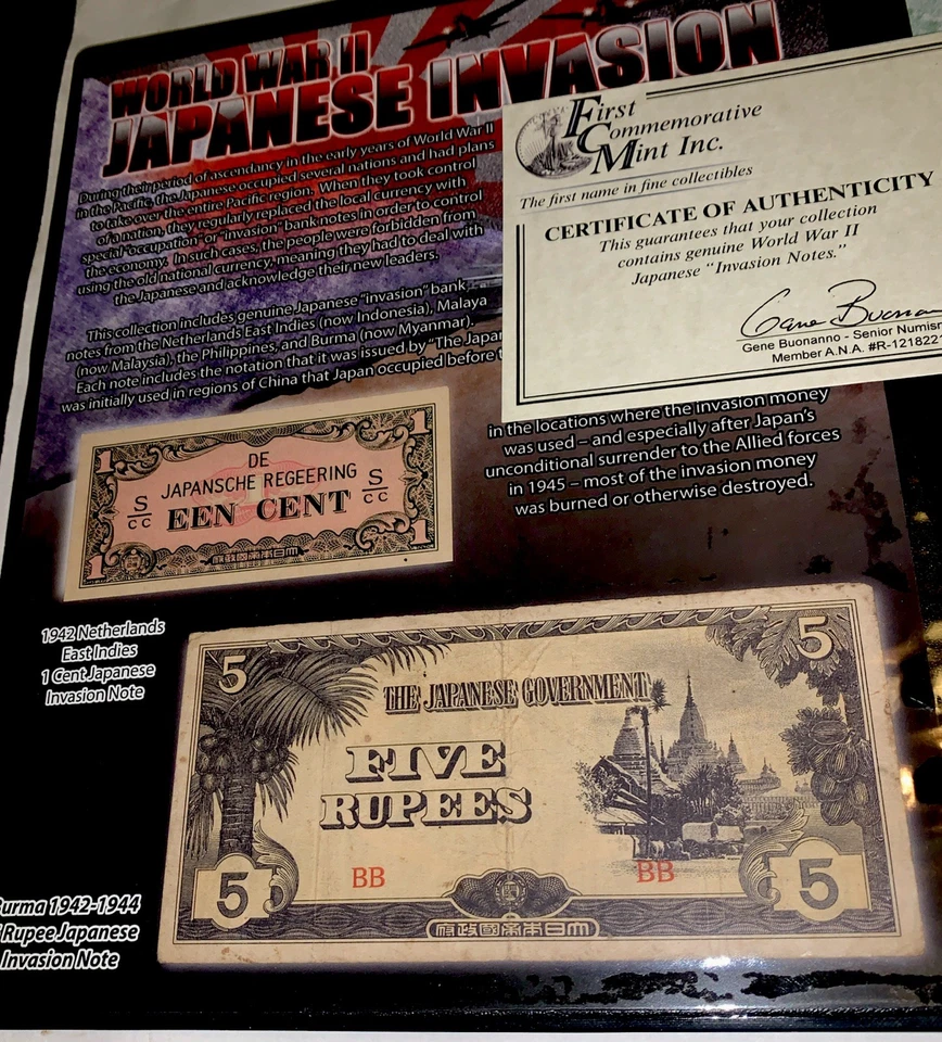 WWII Japanese Invasion Money Album with History & Five Actual Invasion Notes COA - Image 3 of 4