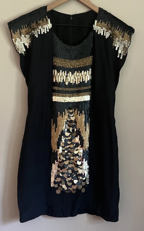 Yoana Baraschi Silk Dress Black Gold Sequin Sheath Shift XS 0 2 Boho Anthro - Image 2 of 4