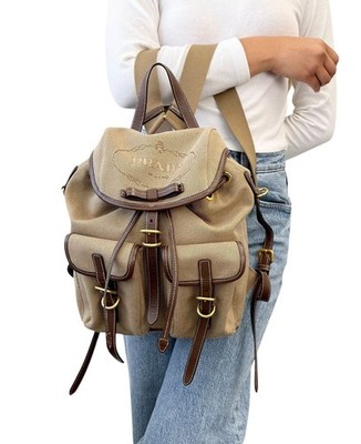 PRADA Vintage Logo Jacquard Backpack Brown Gold Canvas Leather