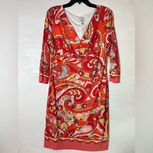 Donna Morgan Women’s Dress Front Keyhole 3/4 Sleeve Sz 12 Pink Orange Retro 70’s - Picture 3 of 14