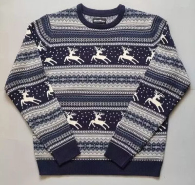 Weihnachtspullover - fadenscheinig - blaues Streifenmuster mit Rentier Herren Größe L