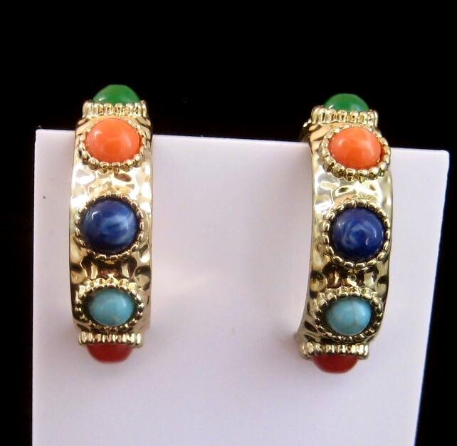 Hoop Earrings colorful cabochons goldtone setting post style-image