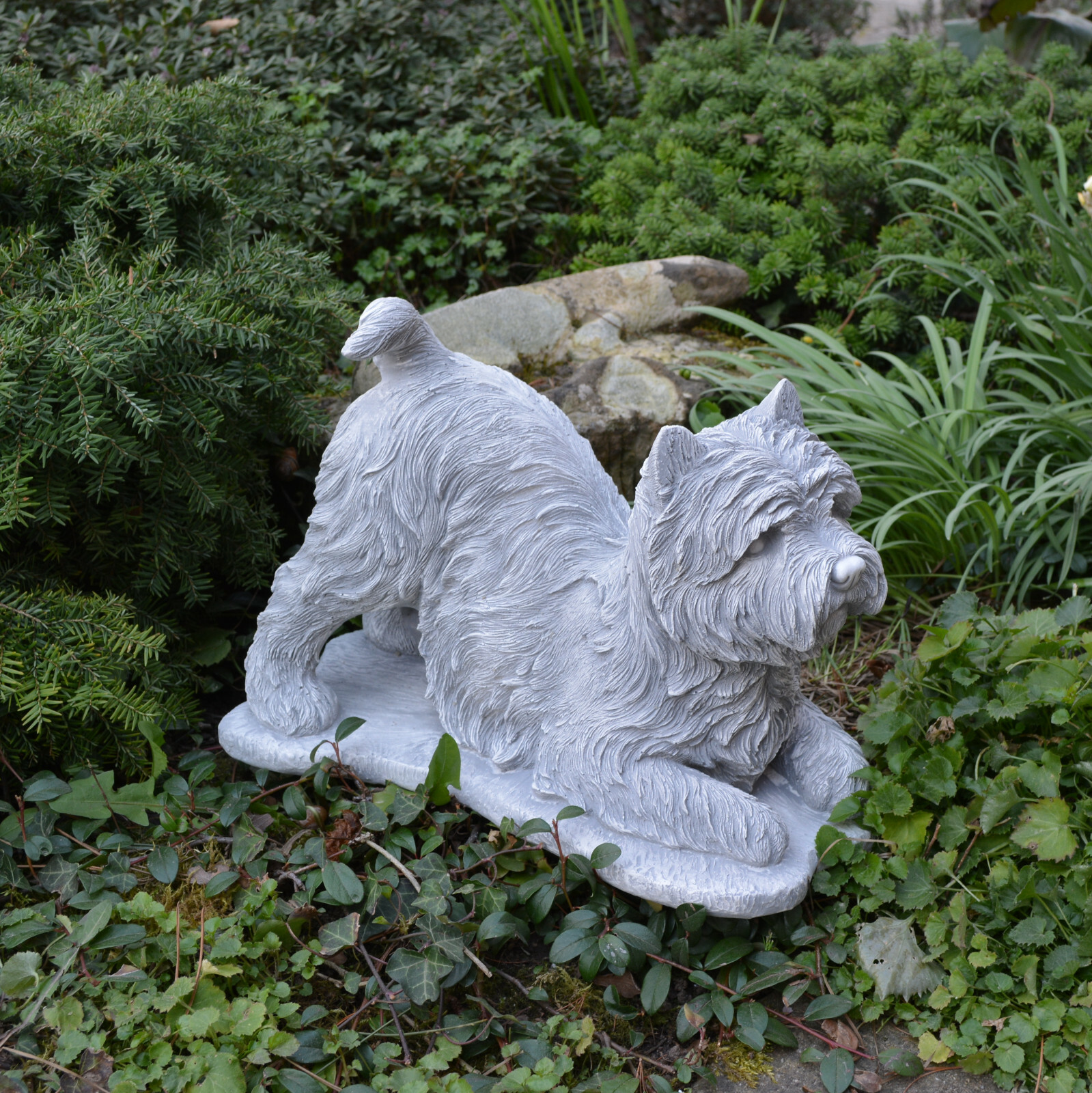 Dog Yorkshire Terrier Stone Figurine H.25cm Grey 13kg White Concrete Frost Proof
