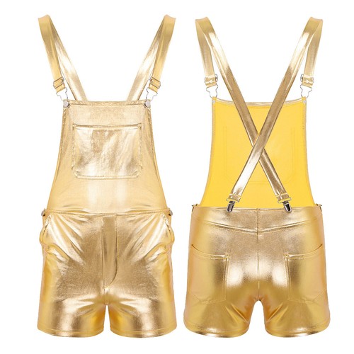 Men Shiny Metallic Dungarees with Strap Overall Suspender Shorts Fancy Dress - Picture 12 of 43