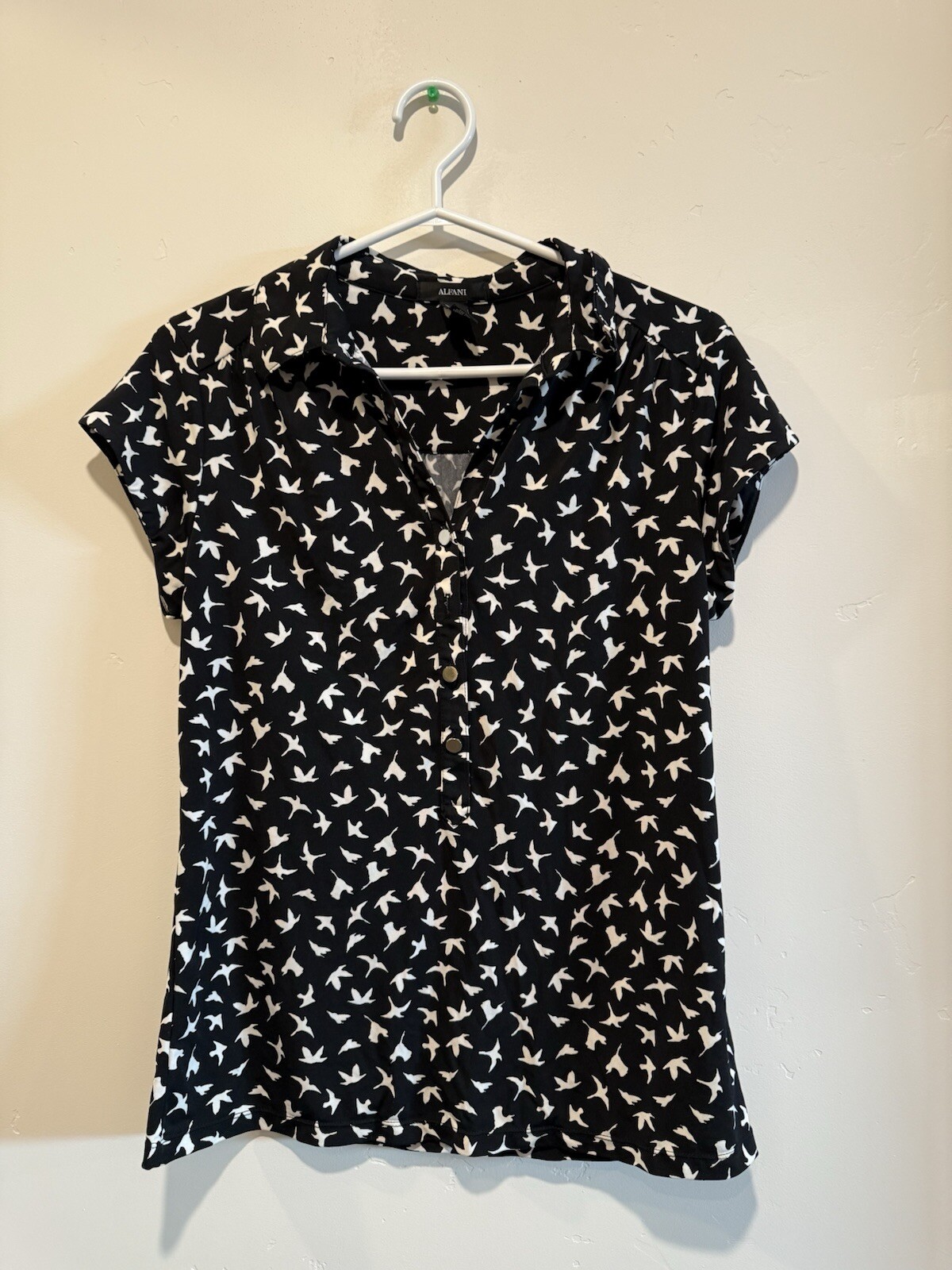 Alfani Top Women's  Medium Black Bird Print Cap Sleeve Pullover Blouse