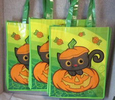 Lot 3 Halloween Cat/Pumpkin Reusable Plastic Vinyl  Trick-or-Treat/Tote Bags
