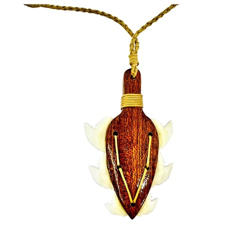 Hawaiian Koa Wood Lei O Mano Spear Head Shark Tooth Necklace Pendant from Hawaii - Picture 2 of 5
