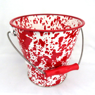 Red Enamel Spatter Splatter Granite Ware Metal Pail Bucket w/ Wood Handle