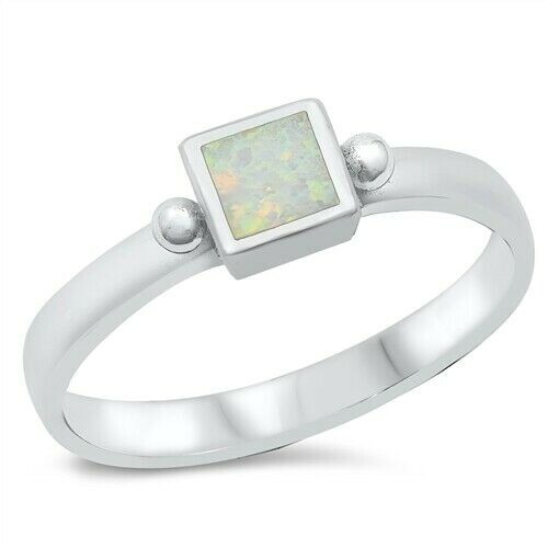 Ring Sterling Silver 925 Rhodium Plated White Lab Opal Face Height 6 mm Size 9
