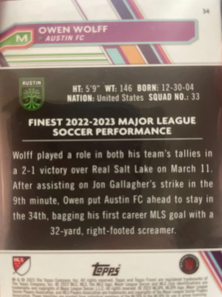 2023 Topps Finest MLS Aqua Refractor  01/75 Owen Wolff #34 Rookie RC - Image 2 of 2