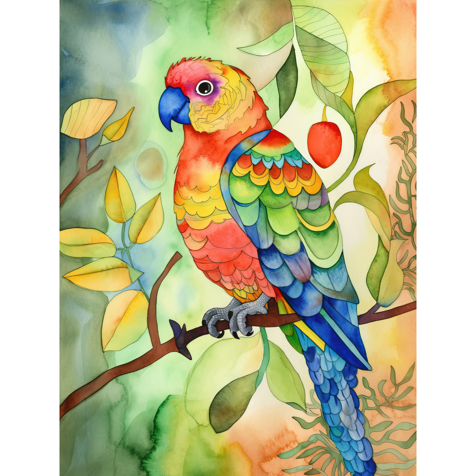 Parrot Bird On Tree Branch Modern Folk Art Huge Wall Art Poster Print Giant