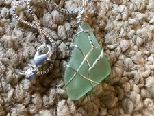 Real Genuine Sea Glass Wire Wrapped Pendant Necklace