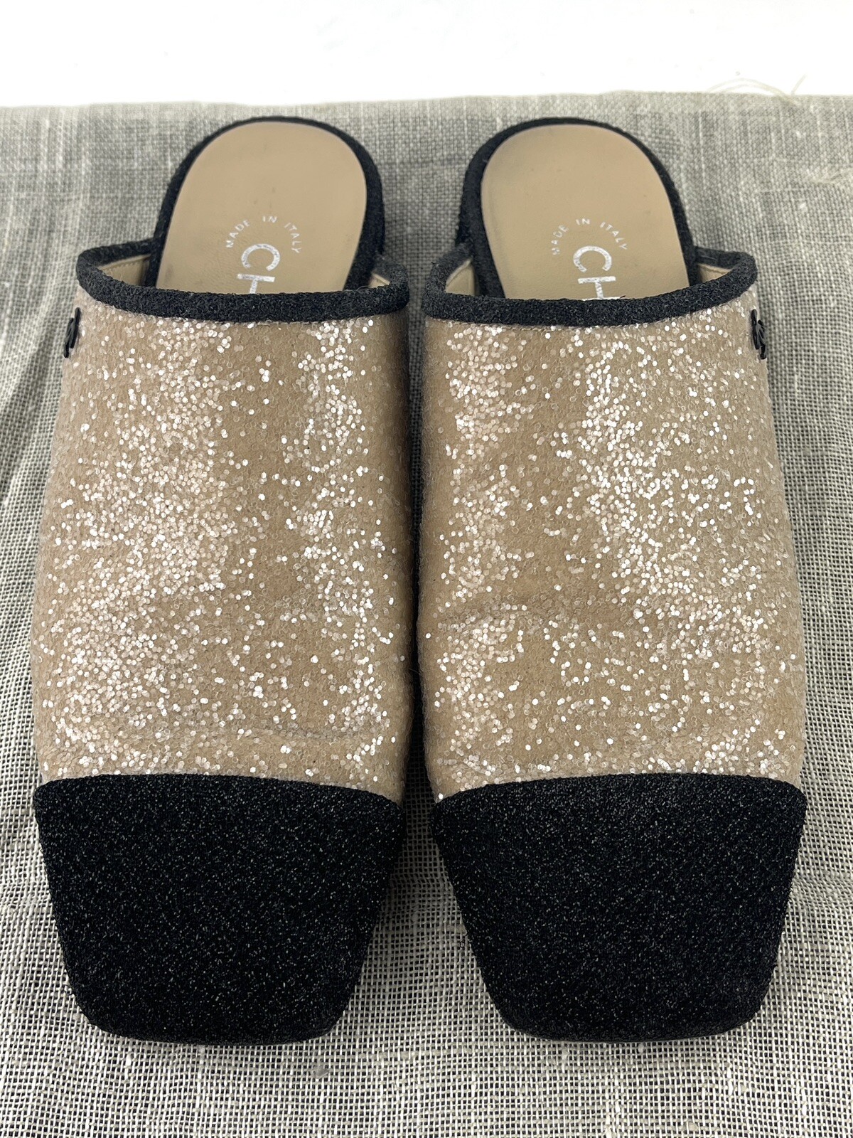 CHANEL Glitter Cap Toe Mules Interlocking - image 3