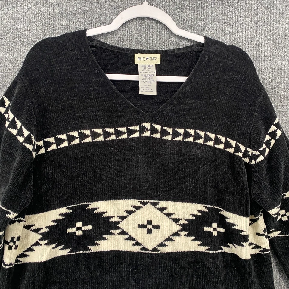 Suéter Ciervo Blanco Para Mujer L Negro Suave Cuello en V Manga Larga Azteca Rancho Occidental Foto 2 de 4