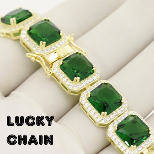925 STERLING SILVER LAB DIAMOND GREEN STONE GOLD BRACELET 7.8" 43g IB17