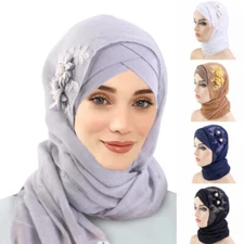 2PCS Muslim Women Instant Hijab Cap Islamic Floral Headscarf Wrap Shawls Bonnet
