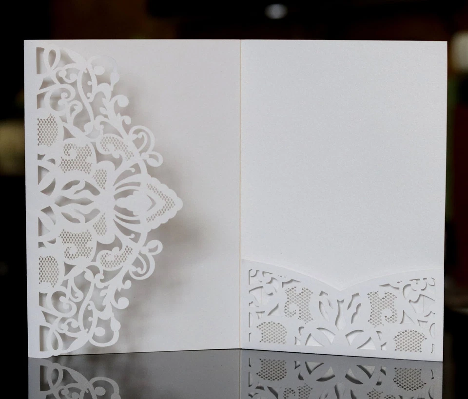 Tarjeta de invitación de boda triple pliegue corte láser para compromiso de boda ducha nupcial Foto 4 de 4