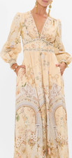 Women  s S Beige Floral Silk Maxi Dress V-Neck Long Sleeve Lace Trim Button
