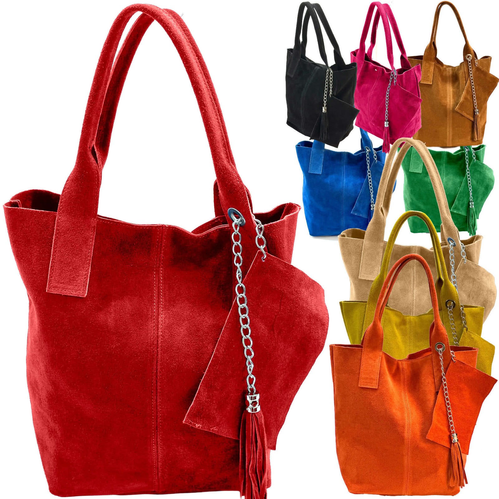 Bolso shopper de gamuza para mujer grande bandolera con borla cuero auténtico Italia