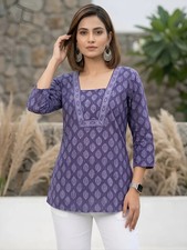 Indian Women Purple Cotton Floral Printed Trending Top Tunic Kurta Kurti Dress