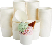Ice Cream Cups - 8 Oz, White, 100 Count - Disposable Paper Dessert & Sundae Cups