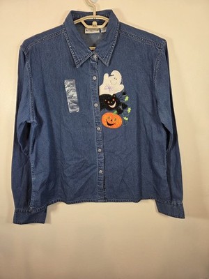 Cracker Barrel Womens Halloween Long Sleeve Denim Shirt XXL NEW Ghost Cat 2XL