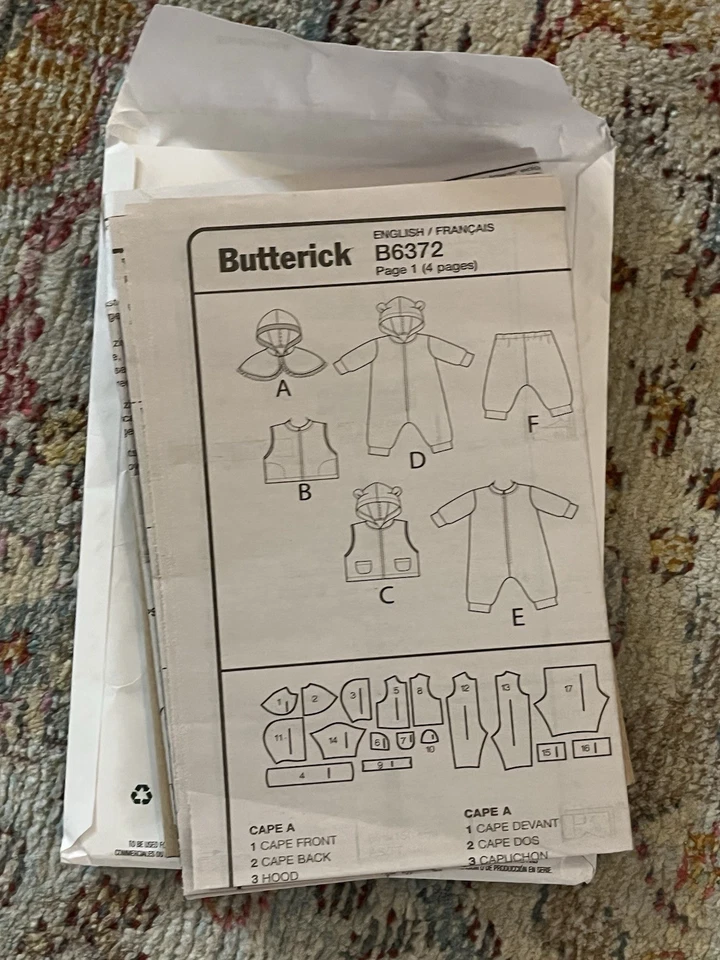 Butterick Pattern - Infants' Cape, Vest, Bunting, & Pants (NB-XLG) #B6372 - UC - Image 3 of 4