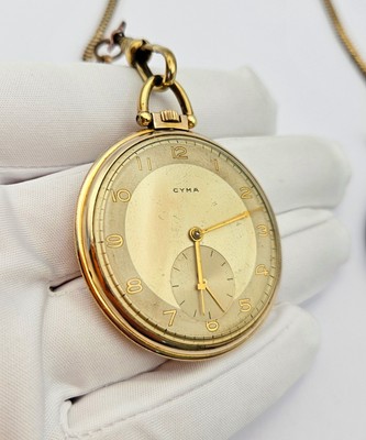 1947 Cyma Pocket Watch 15J Swiss Lever Gold Case Chain