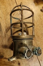 Vintage Salvaged Original Brass / Bronze Ships Caged Bulkhead Light - No Glass