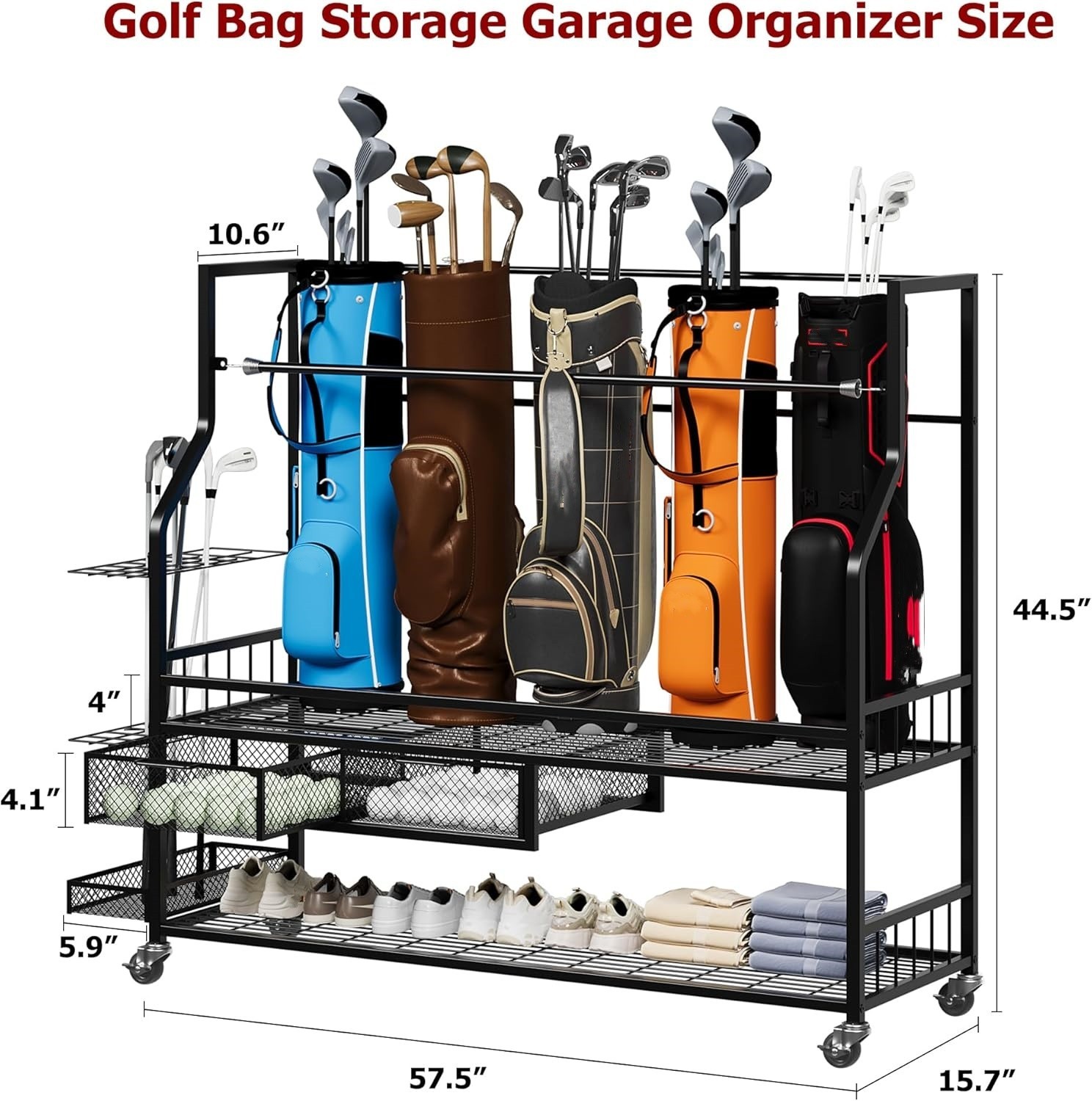 Golf Bag Storage Garage Organizer Golf Bag Stand for 4 Golf Bags, Golf Balls