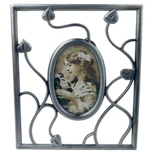 Vintage Oval Pewter Photo Picture Frame Mini Vine Leaf Miniature Holds 2" x 3"