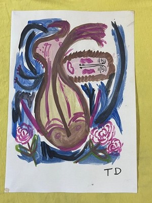 THORNTON DIAL drawing and painting on old paper signed stamped vintage