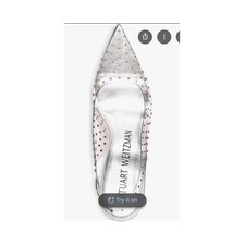 Stuart Weitzman Silver Synthetic Pointed Toe Flared Buckle Rhinestone Pumps