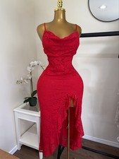 Red Lace Bodycon Midi Dress Sleeveless Sweetheart Neck Side Slit Strappy M