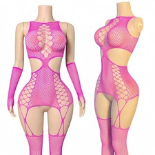 Women’s Fishnet Bodysuit Lingerie Pink Mesh Teddy Babydoll One Piece Nightwear