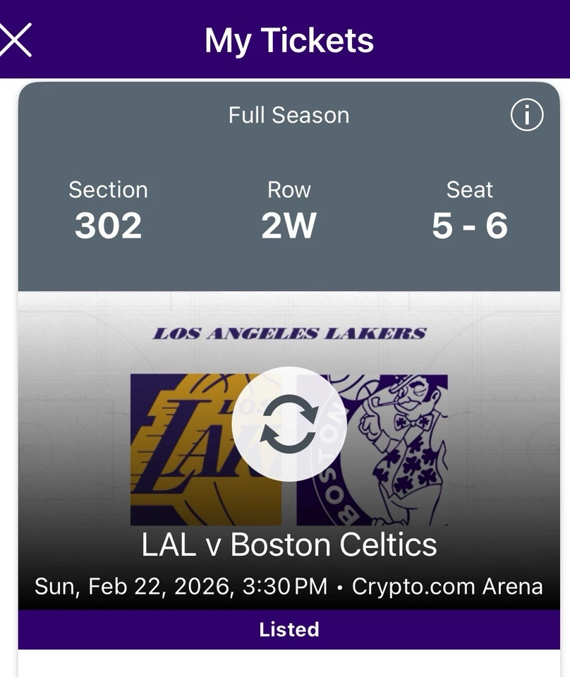 2 Grandes Entradas para The LA Lakers vs Boston Celtics 22/02/26 Sección 302 Foto 2 de 4