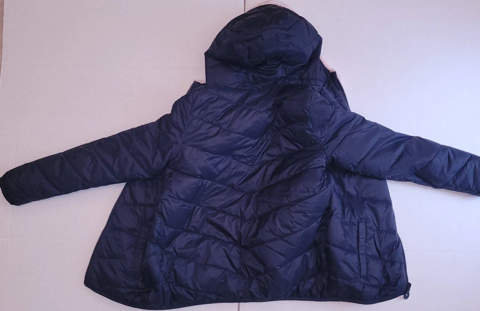 Abercrombie Girls Puffer Jacket, Navy Blue, Faux Fur Pink Lining, Hooded, 13/14 - Image 3 of 4