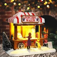 Christmas Village House Decoration, Popcorn Glow Music Wagon with LED Lighted...